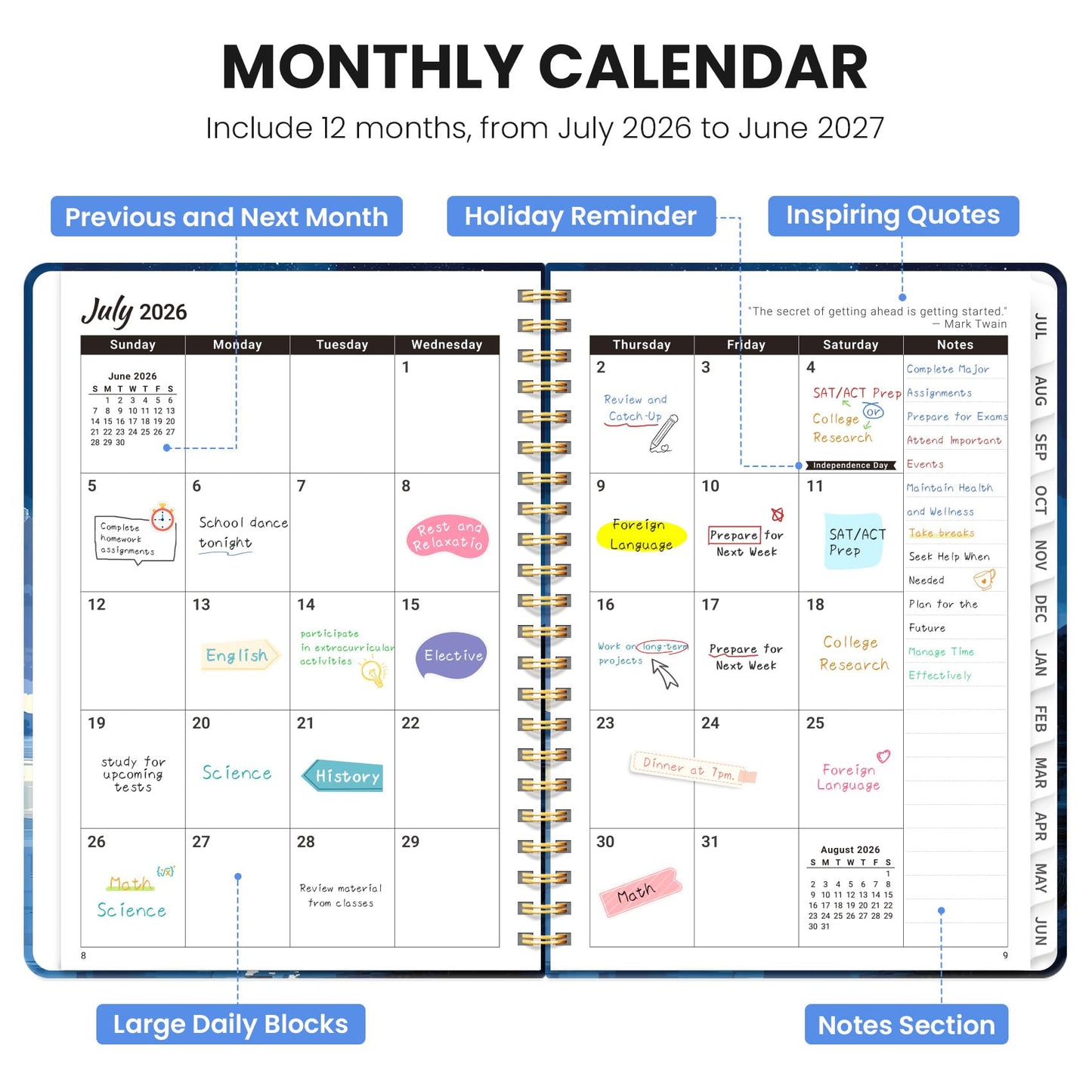 Academic Planner 2026-2027, Monthly and Weekly Calendar Planner, July 2026 - June 2027, Pretty Hardcover Teacher Student Planning Agenda Book with Tabs, Fit for School Office Supplies, 6.3" x 8.5", Harbor Starlight