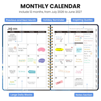 Academic Planner 2026-2027, Monthly and Weekly Calendar Planner, July 2026 - June 2027, Pretty Hardcover Teacher Student Planning Agenda Book with Tabs, Fit for School Office Supplies, 6.3" x 8.5", Harbor Starlight