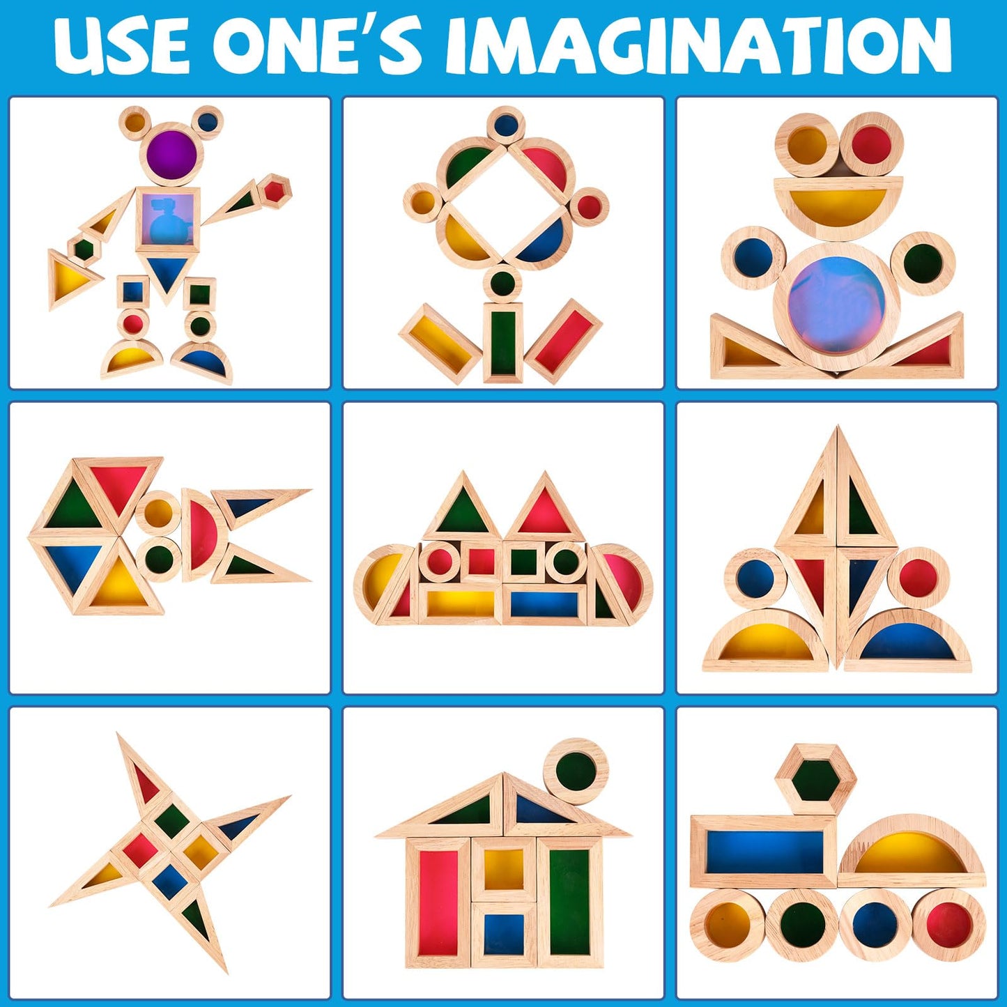 Agirlgle Wooden Rainbow Building Blocks for Kids 32 Pcs Rainbow Stacker Stacking Blocks Game Colorful Construction Toys Preschool Learning Educational Toys -Geometry Wooden Blocks for Boys & Girls