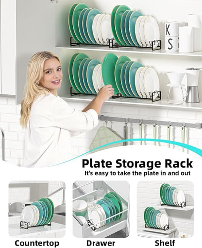 Plate Organizer for Cabinet (2-Pack),Kitchen Dish Rack Organizer for Cabinet Countertop Drawer Space Saver，8 Slots Vertical Plate Holder Storage Rack, Housewarming Kitchen Gifts for Women (Black)