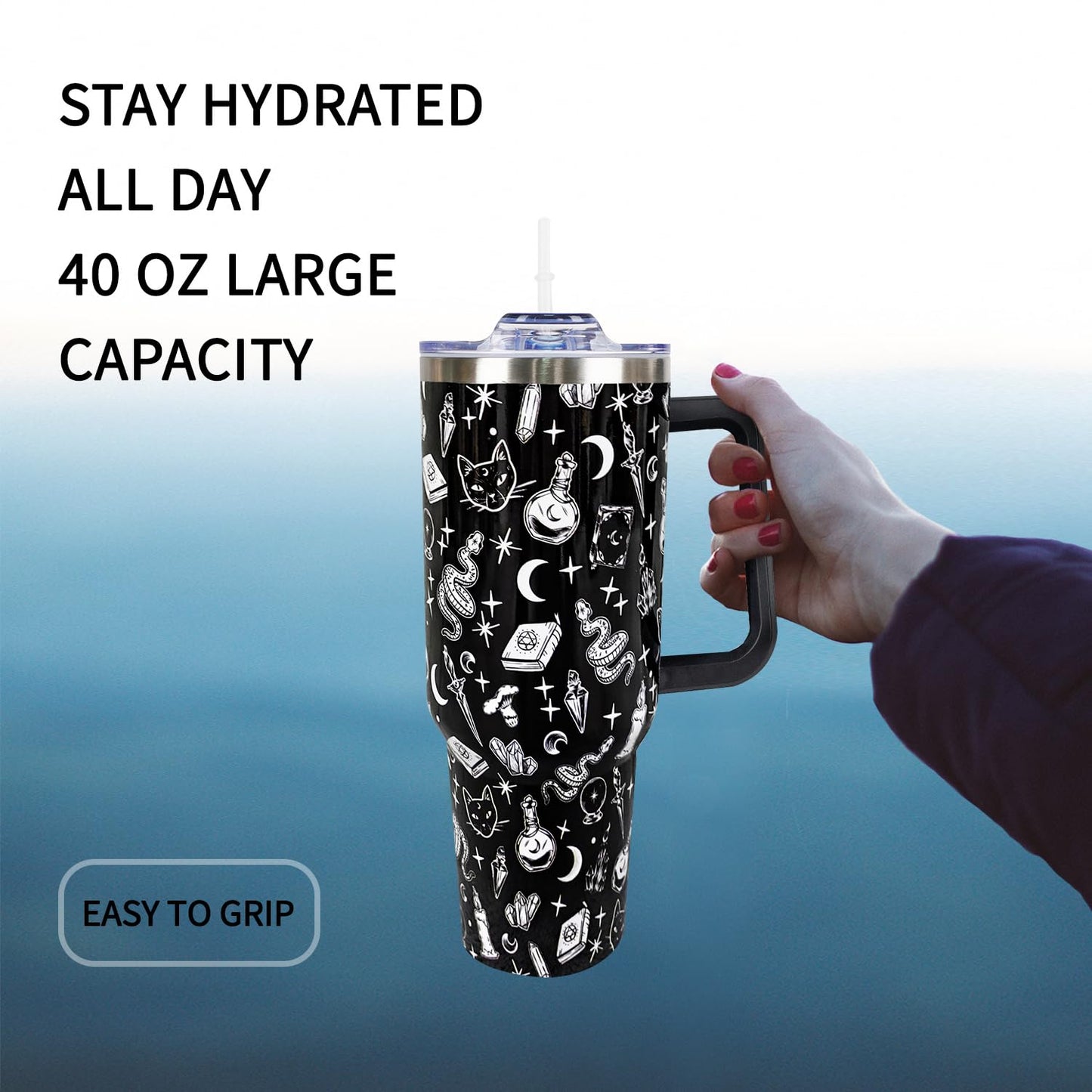 Goth 40 Oz Tumbler with Handle and Straw Halloween Gothic Coffee Travel Cup Mug Water Bottle Drinking Glass, Unique Gothic Witchy Goth Gifts for Women, Halloween Goth Gift Ideas, Goth Accessories