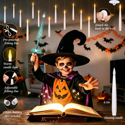 Floating Candles with Wand for Halloween Decorations: Upgraded 20Pcs Magic LED Hanging Floating Candle Battery Operated Flameless Candles with Timer for Birthday Gifts Halloween Party Indoor Décor