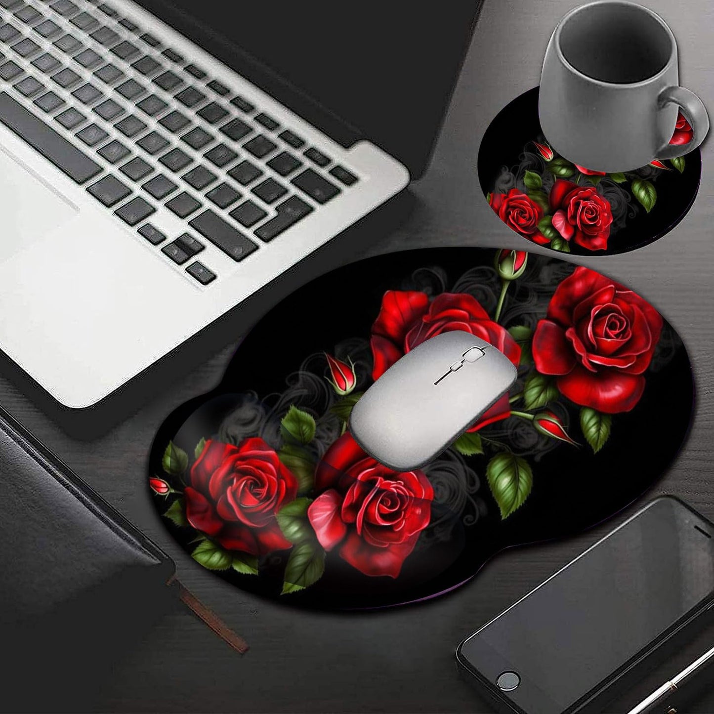 Mouse Pad with Wrist Support Gel, Ergonomic Mouse Pad with Comfortable Wrist Rest, Gaming Mousepad Non-Slip PU Base for Laptop Office Easy Typing & Pain Relief,Red Roses Flowers