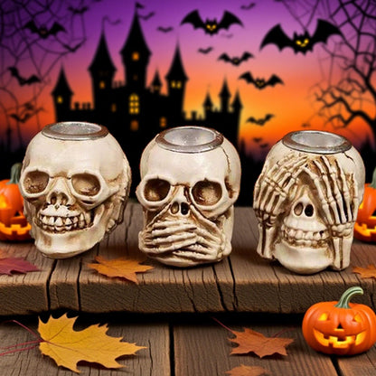 Halloween Skull Candle Holder, Skeleton Head Candlestick Holders Table Decor Centerpiece Candlesticks, Resin Horrible Spooky Creepy Crafts for Flameless Candle Halloween Christmas Home Party, Set of 3