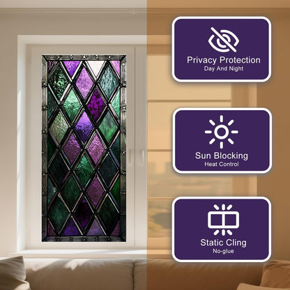 IVN Privacy Window Film Stained Glass Window Cling Purple Green Diamond Pattern Decorative Static Cling Window Sticker for Bathroom Kitchen Entry Door 17.7 x 39.3 Inch