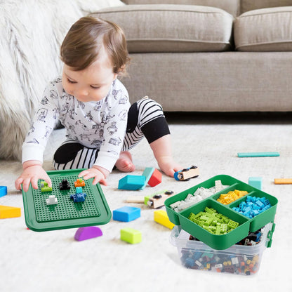 OGANAZI Toy Organizer with Bricks Baseplate Lid for Building Blocks, Bricks Building Set Organization Bin with Compartments Tray, Stackable Storage Box Building Block Chest Case (Green)
