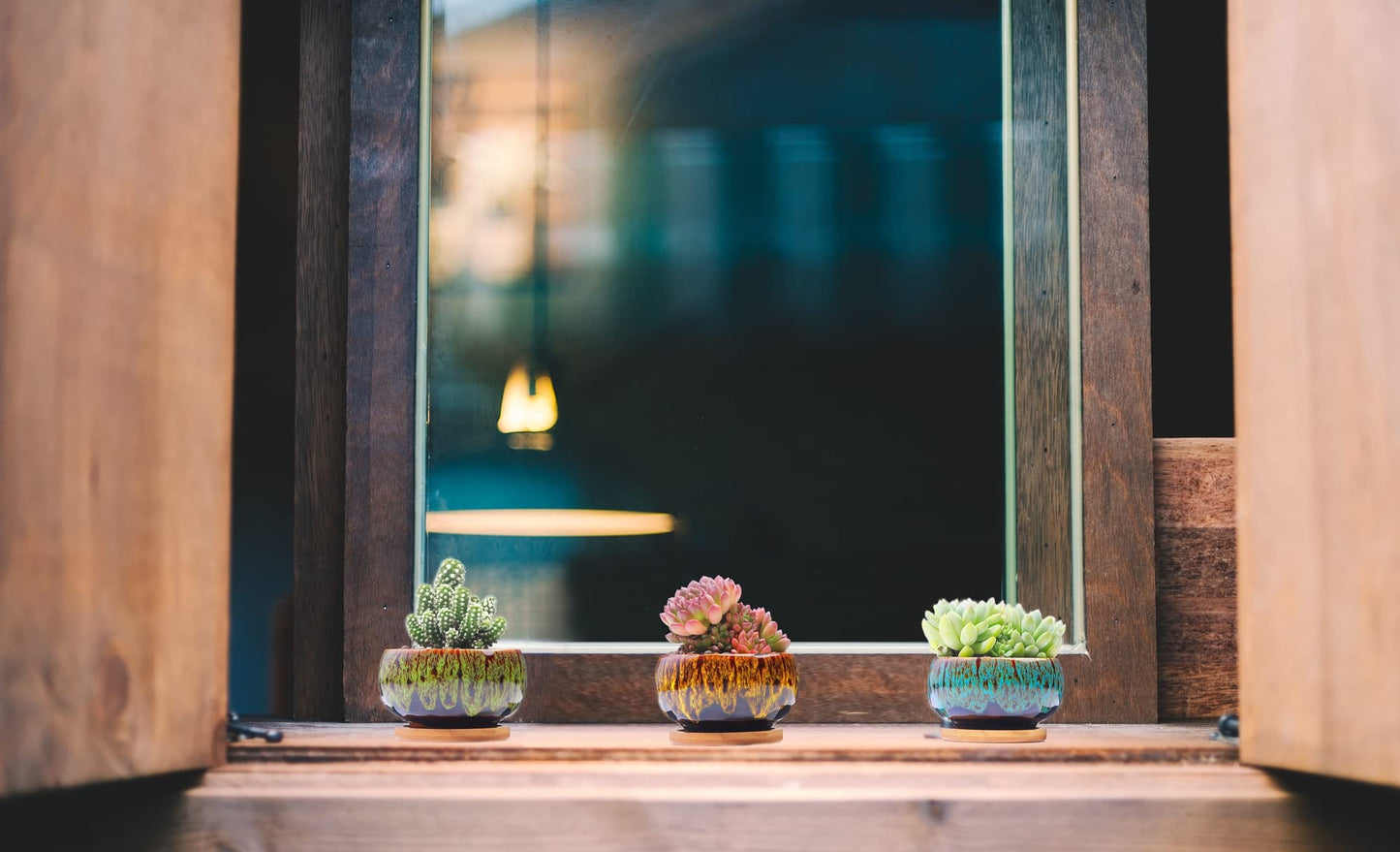 LamDawn Cute Ceramic Succulent Garden Pots, Planter with Drainage and Attached Saucer, Set of 5 -Plants Not Included (Round)