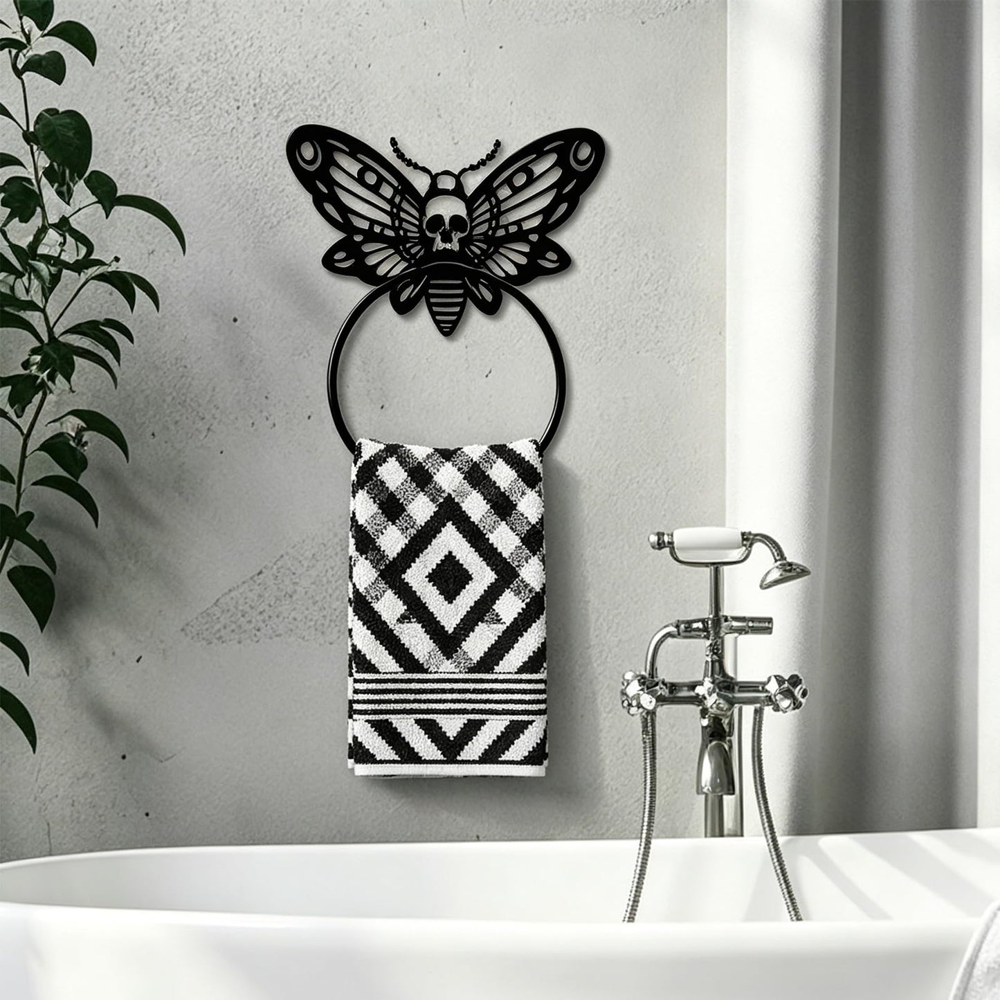 MAYJOYDIY Death Head Moth Metal Towel Ring Halloween Skeleton Insects Towel Holder Bath Towel Ring Black Art Towel Rack for Bathroom Kitchen Towel Hanger Home Decors Gift