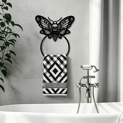 MAYJOYDIY Death Head Moth Metal Towel Ring Halloween Skeleton Insects Towel Holder Bath Towel Ring Black Art Towel Rack for Bathroom Kitchen Towel Hanger Home Decors Gift