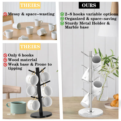 ZYZWTG Marble Mug Holder Tree with 8 Hooks, Detachable Stainless Steel Coffee Cup Holder, 2-8 Hooks Freely Adjustable, Modular Height, Heavy Duty Base Kitchen Countertop Organizer, Silver