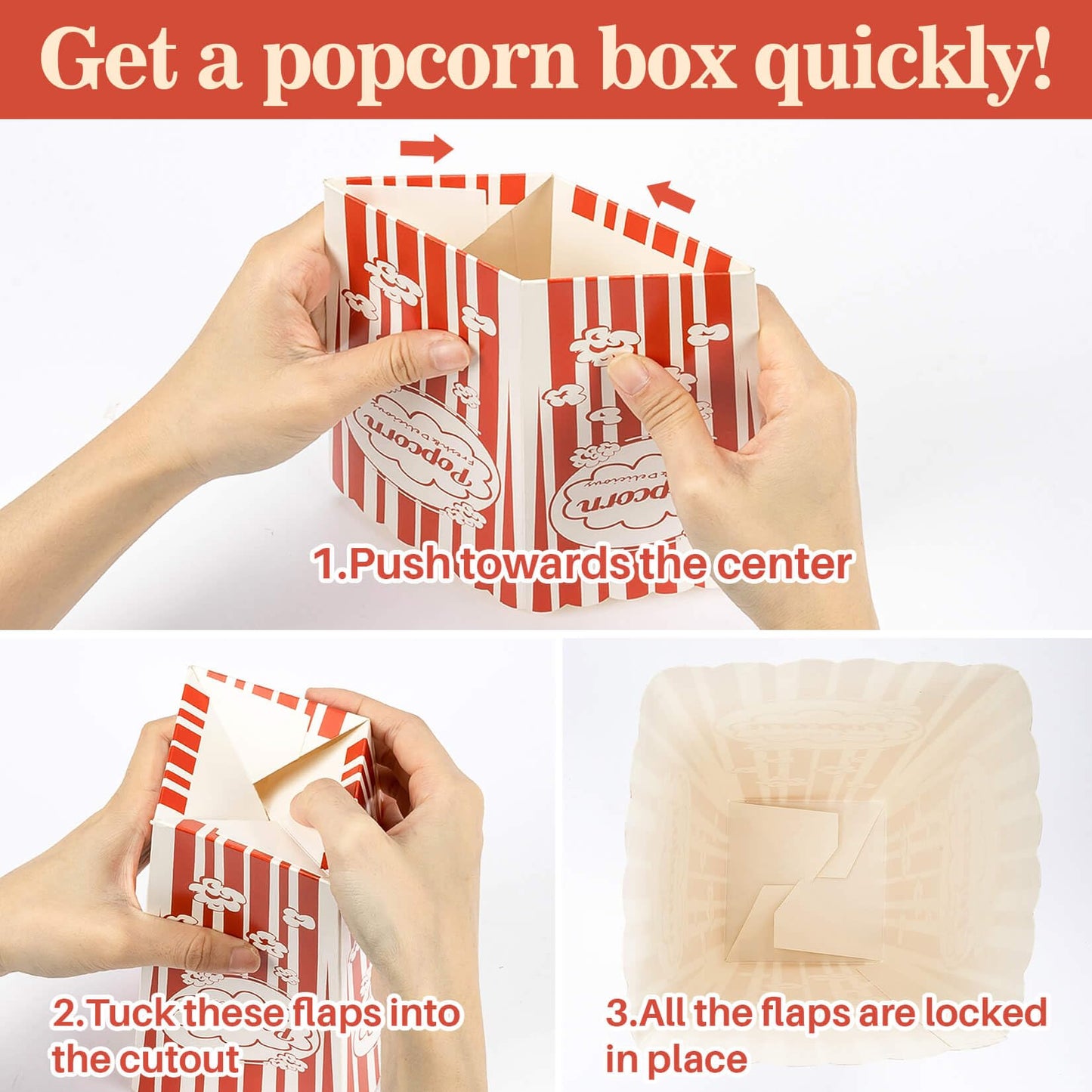 MAQIHAN 50 Popcorn Boxes Easy Assembly - 46oz Square Popcorn Bowls Square Buckets Containers Tub Paper Cups Holders Disposable Halloween Carnival Christmas Movie Night Party Individual Servings