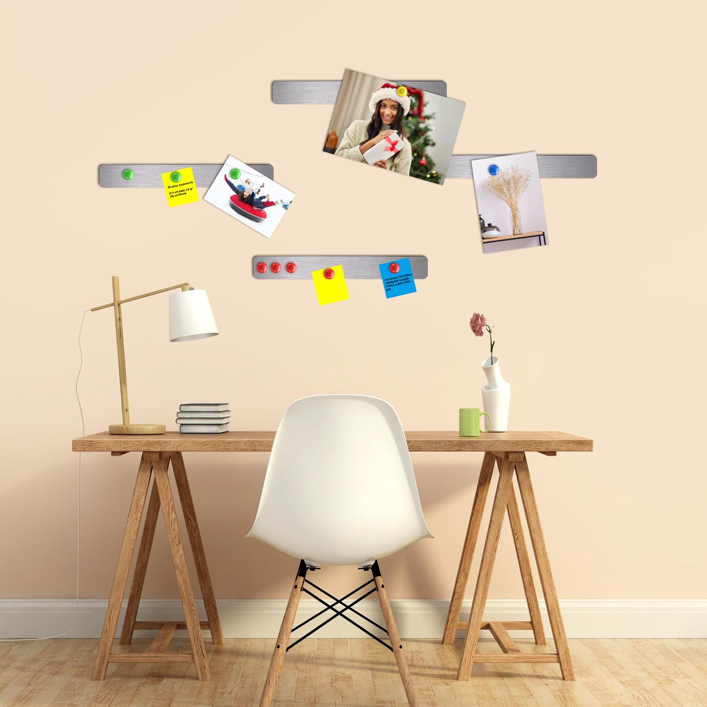 Outus 6 Pcs 15" x 2" Magnetic Wall Strips, Magnetic Bulletin Board Strip Set with 48 Pcs Colorful Magnets, Metal Display Board for Office Home Notes Photos(Silver)