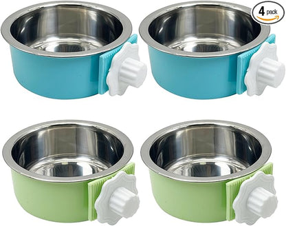 Tfwadmx 4 Pcs Crate Dog Bowl Cat Removable Stainless Steel Food and Water Feeder Hanging Cage Bowls Coop Cup with Cleaning Set for Pet Puppy Bird Rat Guinea Pig Ferret Bunny Rabbit (Light Blue&Green)