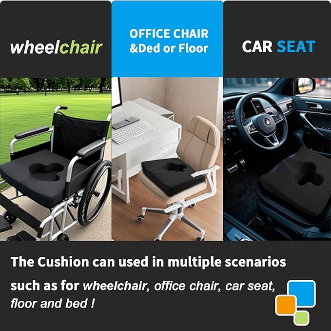 Gel Wheelchair Seat Cushion,Bed Sore Cushions for Butt,Memory Foam hemorrhoid Pillow for Chairs,Butt Pillow for Pressure Sore&Ulcer Pain,Sciatica &Coccyx Pain Relief,Washable-Cover(Black)