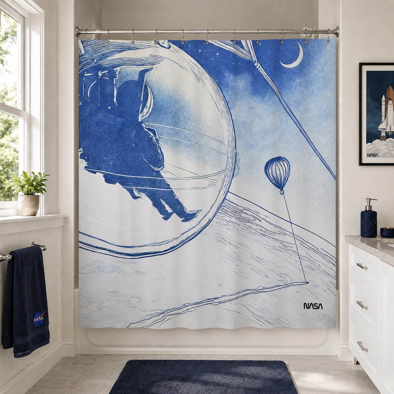 DRIFTED ROOT NASA Licensed Shower Curtain Set, Orbit Rings Galaxy and Spacecraft Design, Space Poster Art, Oxford Cloth, Bathroom Hotel Decor (Orbit of Dreams-White/Blue, 72" W x 72" L (Pack of 1))