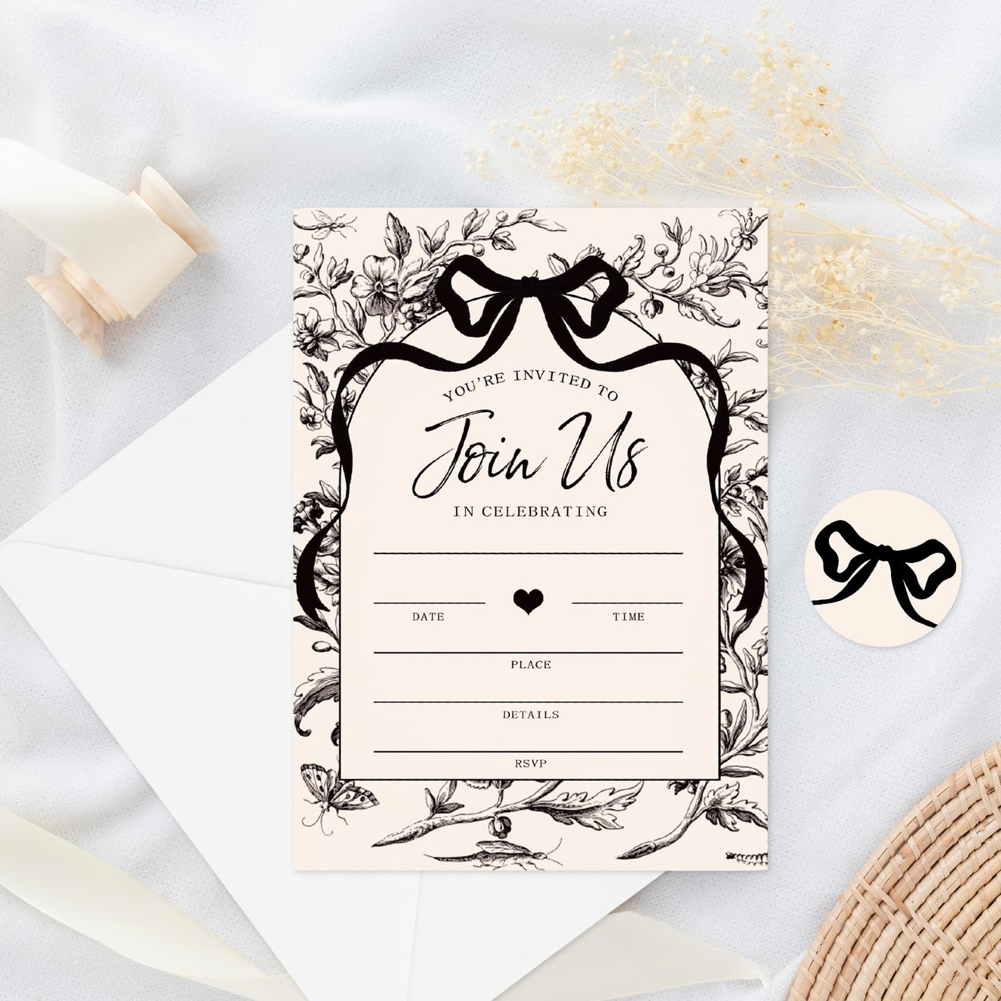 Whaline 25 Pack Black Bow Floral Invitations with Envelopes Stickers Vintage Bowknot Flower Invitation Cards Blank Invites for Coquette Celebration Party Supplies, 5 x 7 Inch