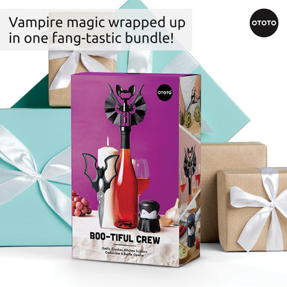 OTOTO Boo-tiful Crew Bundle of Elizabat, Vino, Gracula - Halloween Kitchen Decor Goth Accessories, Cool Kitchen Gadgets, Bat Scissors, Spooky, Witchy Bottle Opener, Garlic Crusher, Spooky Funny Gifts