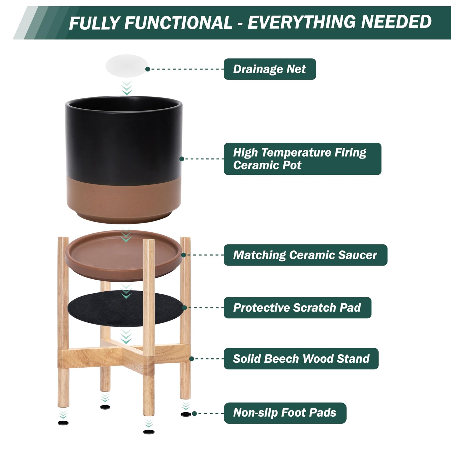 D'vine Dev Ceramic Planter with Natural Stand - 14 Inch Modern Round Flower Pot with Wood Planter Holder, Black/Speckled Tan, 55-B-R-7