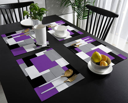 Placemats for Dining Table Set of 4, Abstract Art Patchwork Purple Black and Grey Kitchen Place Mats, Non-Slip Washable Table Mats, 13x19 in