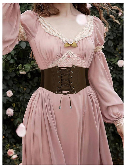 WDIRARA Women's Faux Leather Corset Belt Retro Lace Up Elastic Corset Waist Cincher Belt Brown Small