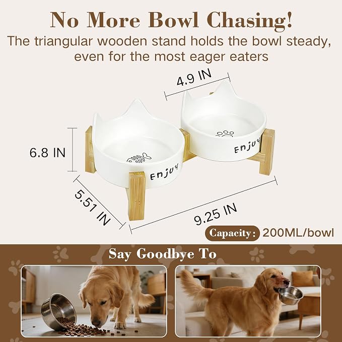 Ceramic Dog and Cat Bowl Set with Wooden Stand Slip Matte Glaze Heavy Weighted Food & Water Dish-White Cat Ear-6.76 OZ