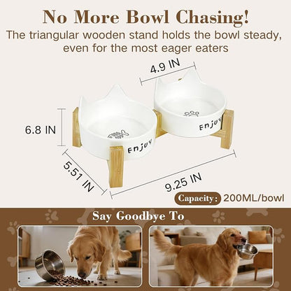 Ceramic Dog and Cat Bowl Set with Wooden Stand Slip Matte Glaze Heavy Weighted Food & Water Dish-White Cat Ear-6.76 OZ
