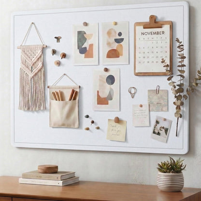 AKTOP Bulletin Board, 24" x 16" Foldable Felt Notice Pin Board for Wall, Decorative CorkBoard Photo Display Board with Self-Adhesive Tape, Vision Board Cork Board Alternative with 25 Pushpins - White