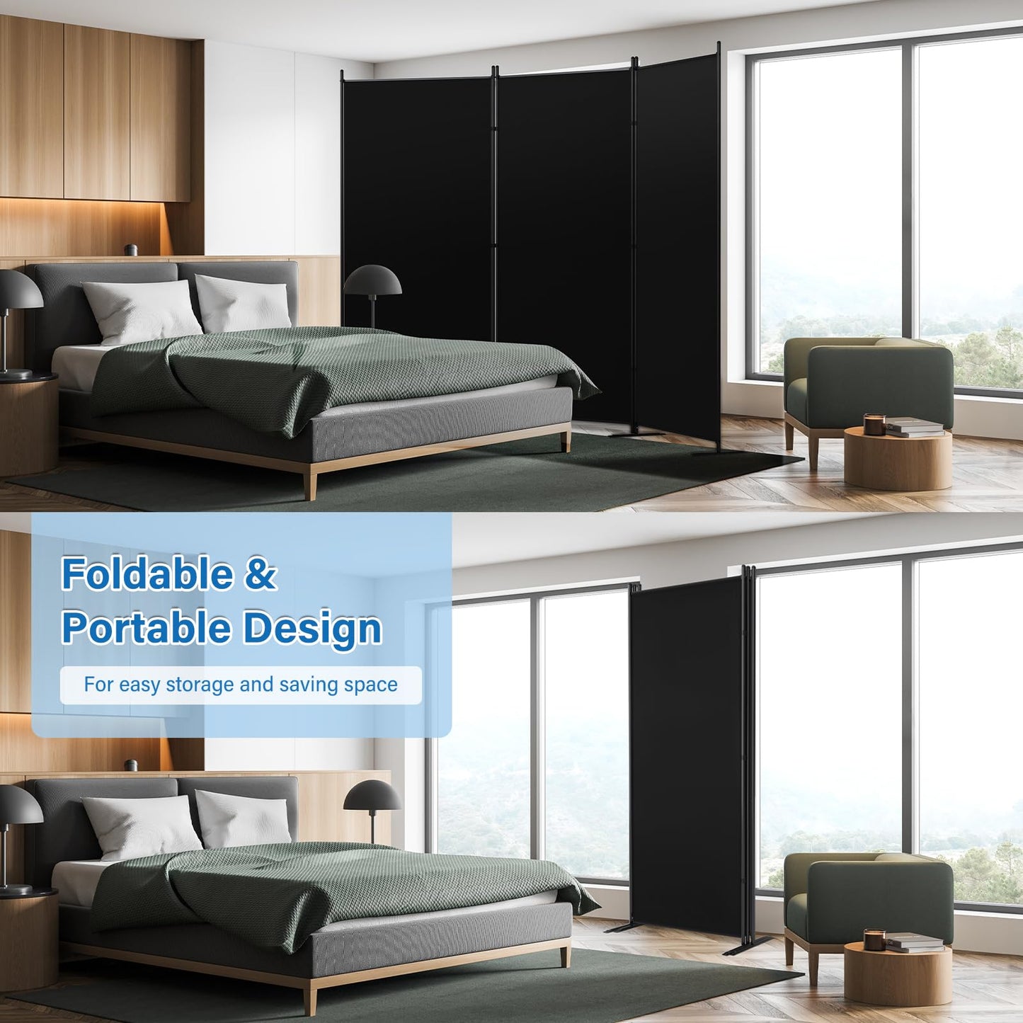AKTOP 3 Panel Room Divider 6FT – 103" W x 70" H Folding Privacy Screen, Freestanding Fabric Room Partition, No-Drill Temporary Wall Divider for Apartment, Dorm, Studio, Home Office, Bedroom – Black