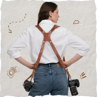 Jumyee Double Camera Harness Strap for 2 Cameras, Adjustable Shoulder Leather Camera Strap for Photographers, Professional Camera Harness for DSLR/SLR for Wedding, Wild, News(Brown Stitched)