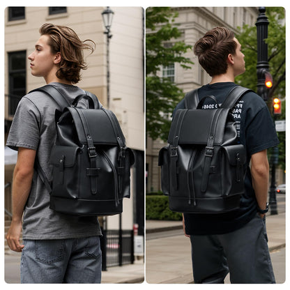 MATE ELAN Leather Backpack Waterproof Fit 15.6 Inch Laptop Vintage Drawstring Design Large Capacity Travel Sports Outdoor Casual Black Men Women College Backpack