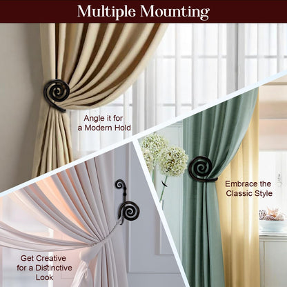THDC Sturdy Wrought Iron Wall Mounted Curtain Holdbacks (Pack of 2) - Curtain Holders for Living Room, Bedroom, Kitchen, Office (Swirl Black)