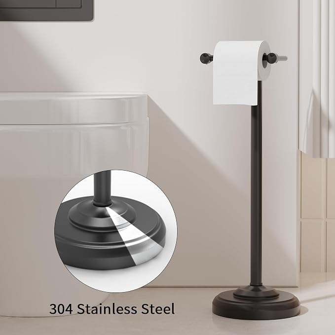 Toilet Paper Holder Stand, Matte Black Toilet Paper Holder Free Standing,Post Pivoting Design & Stable Weighted Base SUS304 Stainless Steel for Bathroom