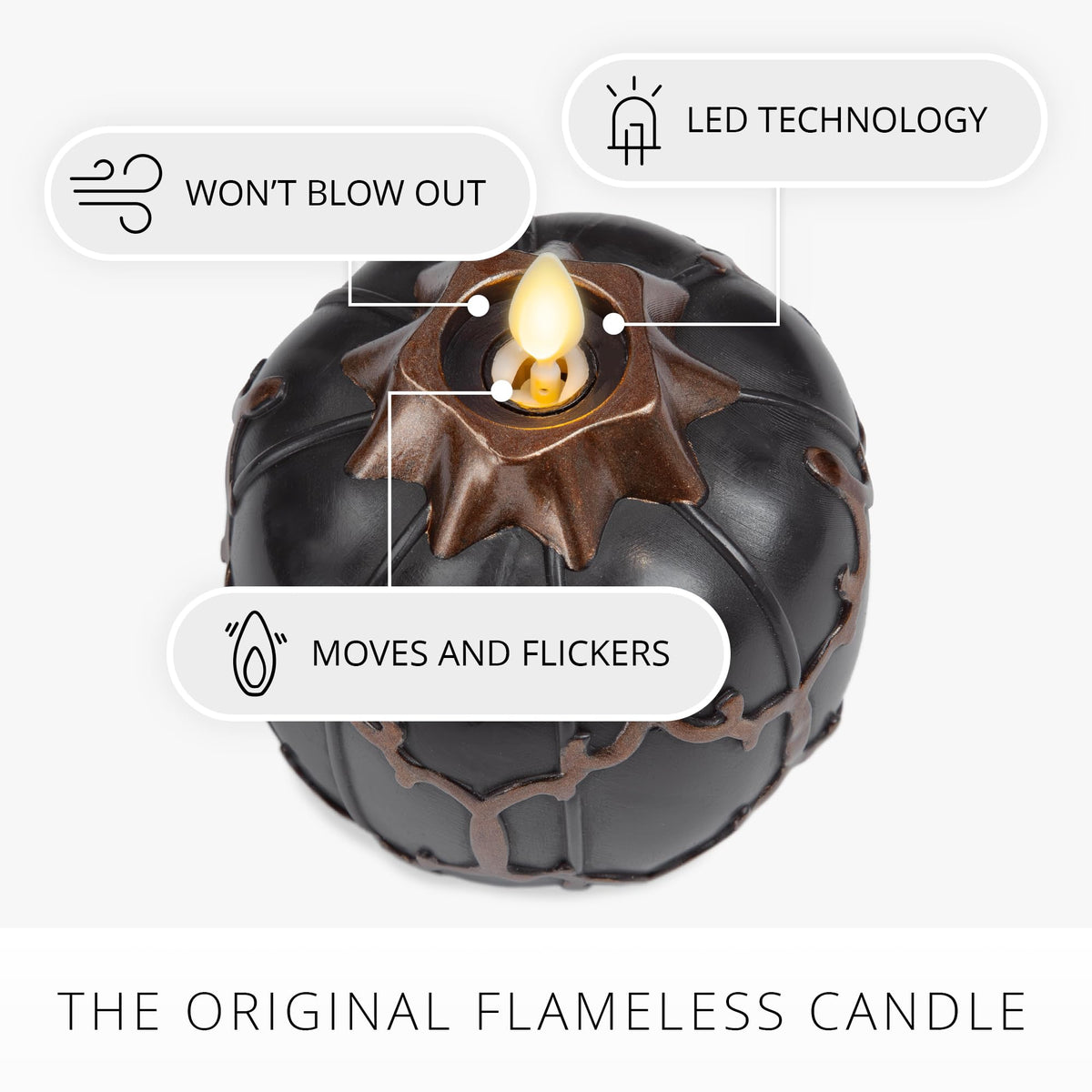 Luminara Black Embossed Fretwork Pumpkin Candle, 3.8" x 4.3" Flickering Flameless LED Light, AA Batteries (Sold Separately) w/Timer, Real Wax Indoor Fall Halloween Decor Table Mantel Decoration