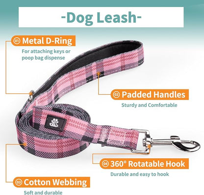 IVY&LANE Dog Collar with Bowtie and Leash Set | Plaid Adjustable Dog Collar | Detachable Bow Tie |5 FT Dog Leash | for Small Medium Large Dogs | Checkered Pink | X-Small