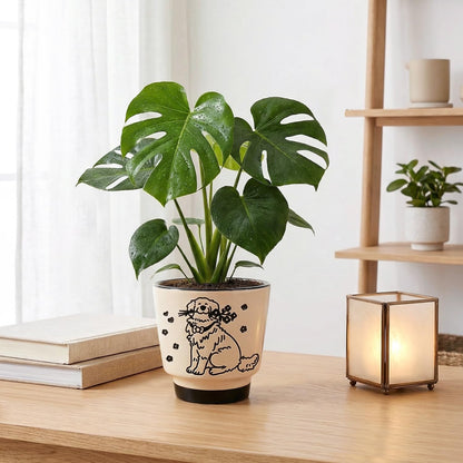 STHIE 5 inch Ceramic Plant Pot, Round Planters for Indoor Plants with Drainage Hole, Ice Crack Decorative Flower Pot, Cute Planters for Snake Plant (Flower Dog)