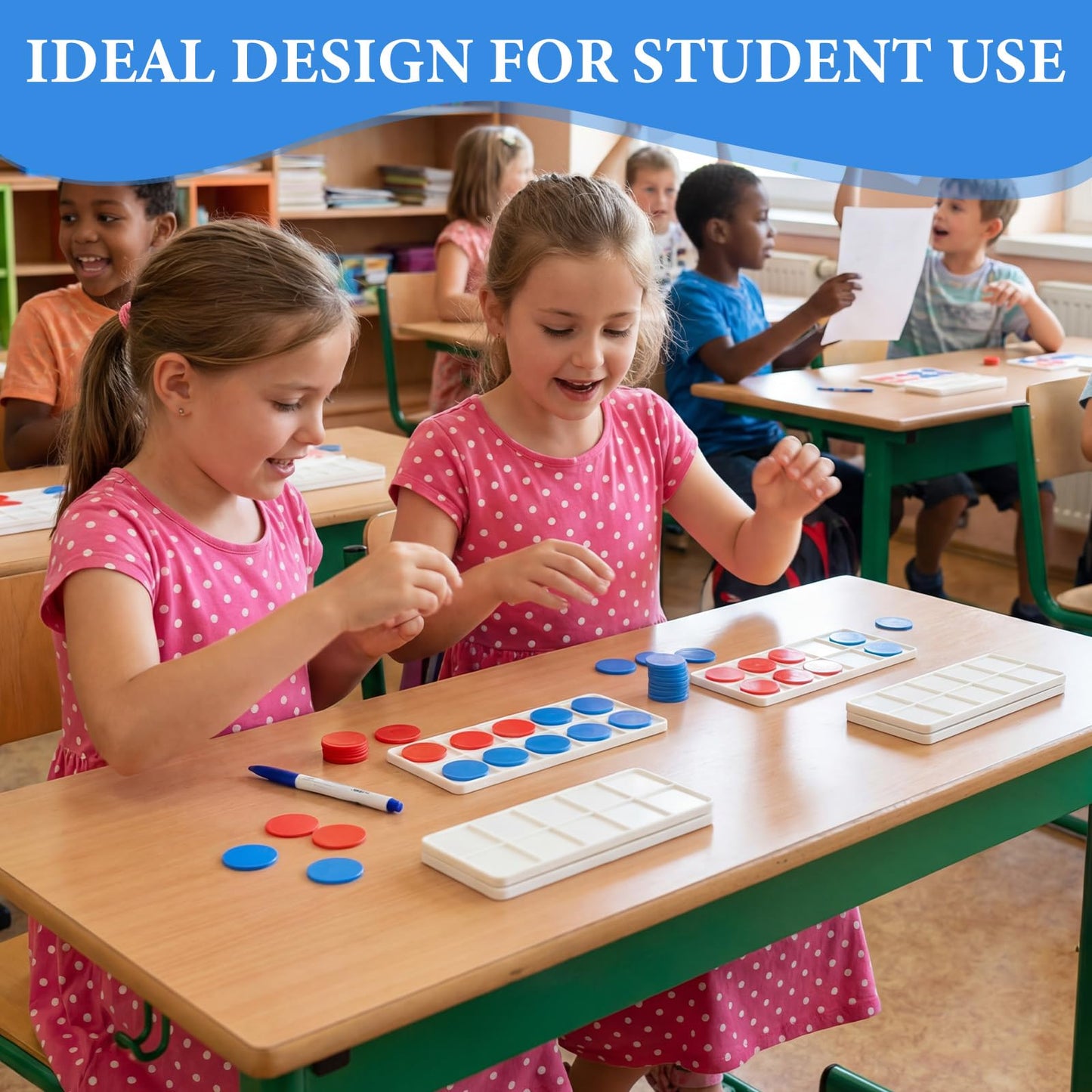Soulchen 48 Sets Plastic Ten Frames for Classroom Math Manipulatives for Kids Classroom Math Counters Supplies Including 48 Plastic Ten Frames, 480 Counters for Teach Number Concepts (Red, Blue)