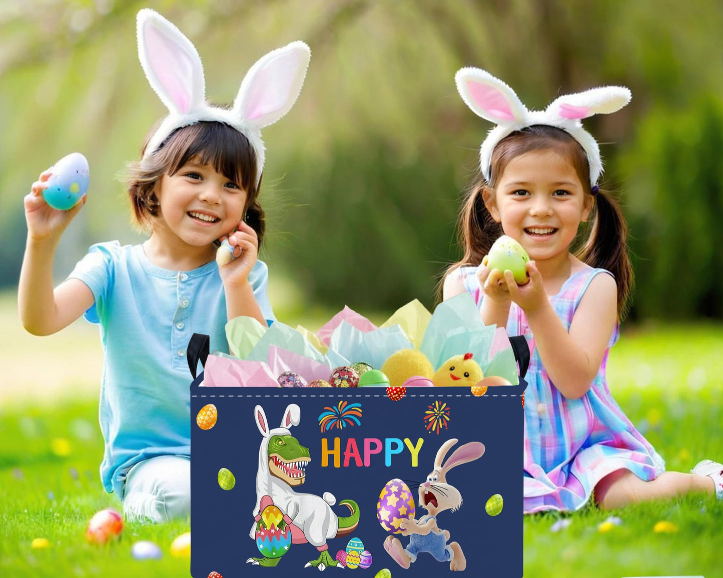 TUAUAN Large Easter Basket Folded Teen Eggs Box Canvas Empty Shelf Storage Bin Bunny Room Decor (Deep Blue)