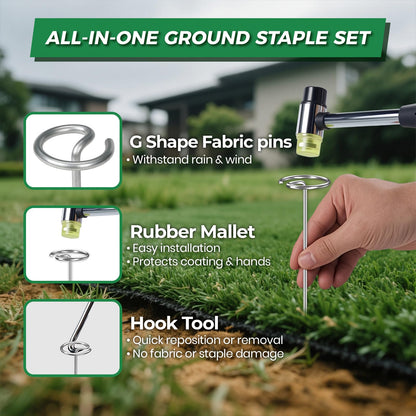 6 Inch Landscape Fabric Staples, 50Pcs Garden Stakes Galvanized +Pick Hook +Rubber Mallet, G Shaped Weed Barrier Stakes 11 Gauge Lawn Staples Landscape Pins for Yard, Sod, Weed Mat