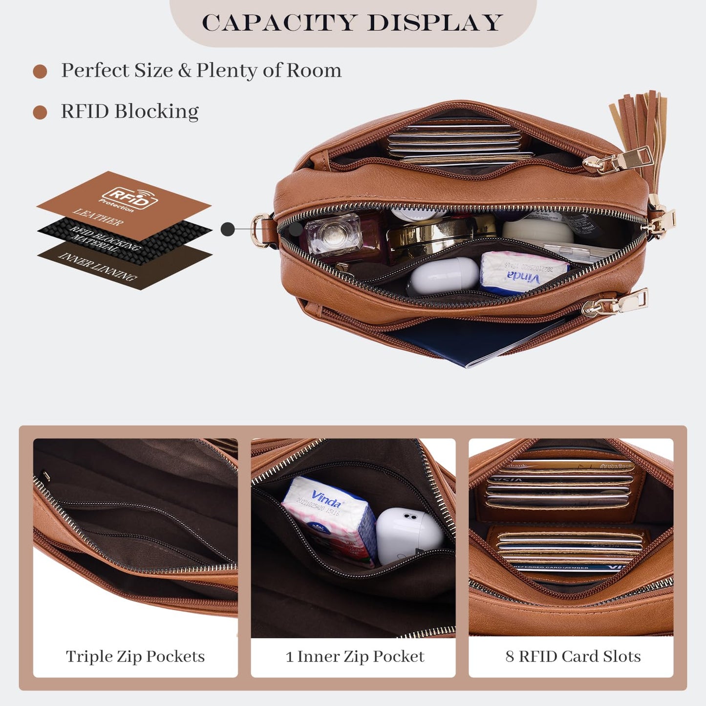 Roulens Triple Zip Small Crossbody Bag for women,Wide Strap Cell Phone Purse Shoulder Handbag Wallet with Credit Card Slots
