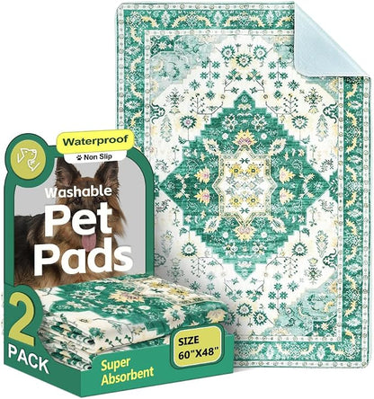 Washable Pee Pads for Dogs, 2 Pack Reusable Puppy Training Pads 60"x48" Super Absorbent Waterproof Dog Training Pads, Non-Slip Potty Pads, Whelping Pads Litter Mat Green Medallion