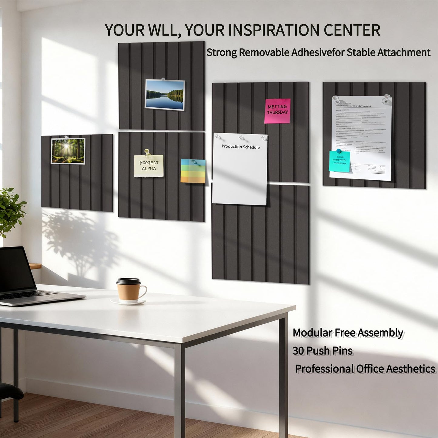 12 Pack Bulletin Boards 48" x 36" Alternative Cork Board for Office,Built-in Storage Device，Large Cork Boards for Walls ， Felt Wall Tiles, Contains Removable Security Stickers and PushPins (V-Black)