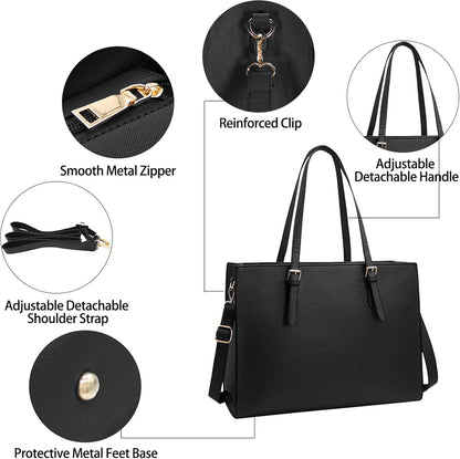 Laptop Bag for Women Waterproof Lightweight Leather 15.6 Inch Computer Tote Bag Business Office Briefcase Large Capacity Handbag Shoulder Bag Professional Office Work Bag Black