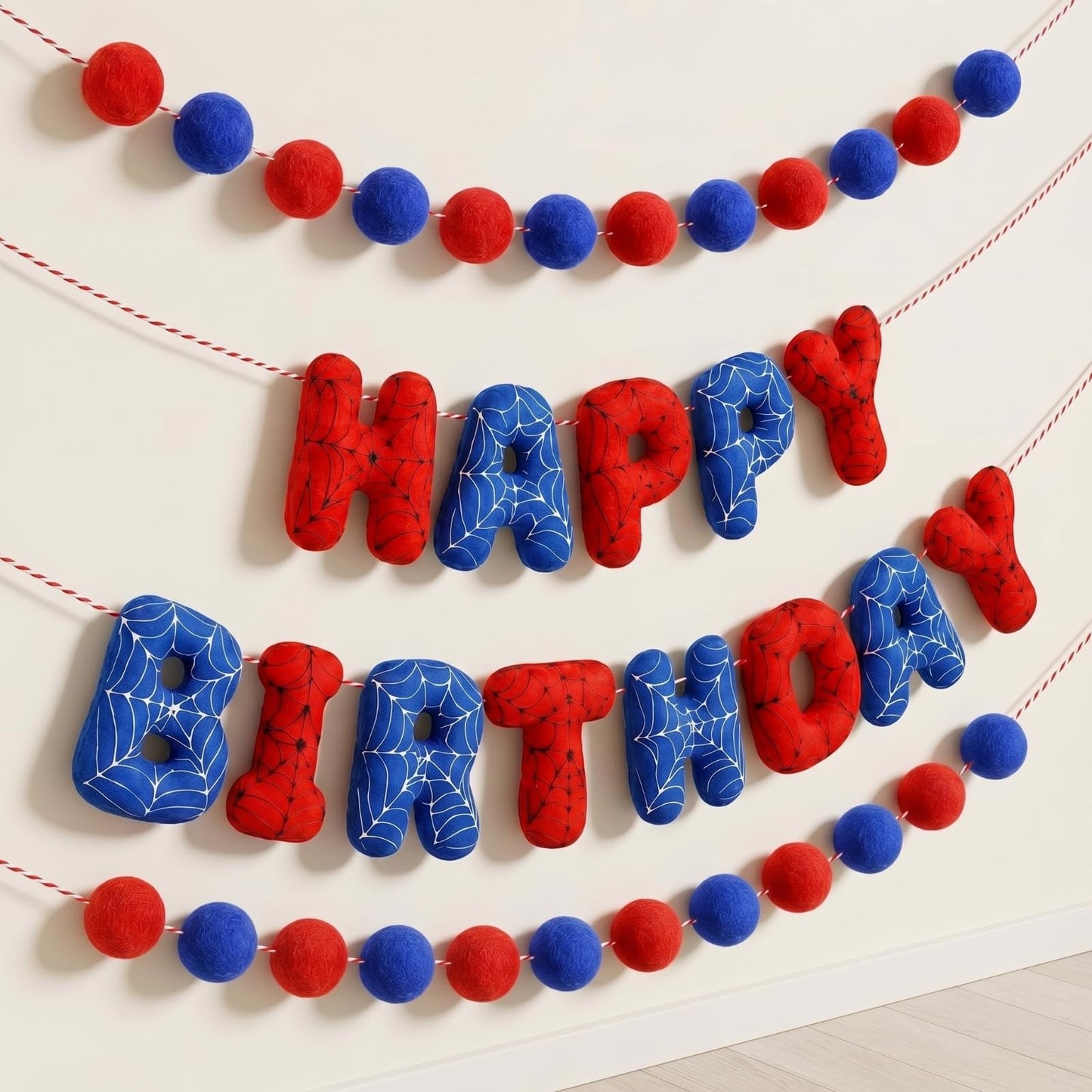 Pre-strung 3D Spider Happy Birthday Banner with Pom Pom Garland Reusable Spider Web Felt Sign for Cartoon Birthday Decorations Movie Hanging Bunting Party Supplies Photo Prop