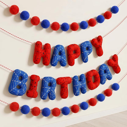 Pre-strung 3D Spider Happy Birthday Banner with Pom Pom Garland Reusable Spider Web Felt Sign for Cartoon Birthday Decorations Movie Hanging Bunting Party Supplies Photo Prop