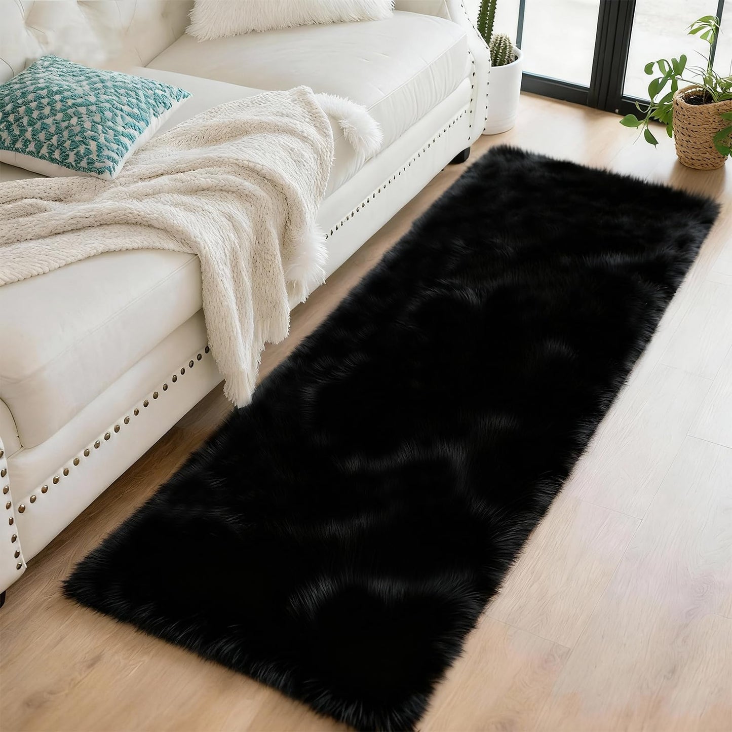 SWGRT 2x6 Solid Fluffy Black Area Rug – Washable, Durable, Small Bedroom Runner Rug, Non-Slip Shag Rugs for Hallway, Living Room, Bedroom, Bedside, Dorms, Kids Room, Nursery Rooms, Soft Indoor Carpet
