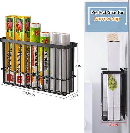 Magnetic Basket Kitchen Refrigerator Organizer Foil and Plastic Wrap Organizer for Fridge Heavy Duty Metal Storage (10.25" L x 3.2" W x 6" H, Black)