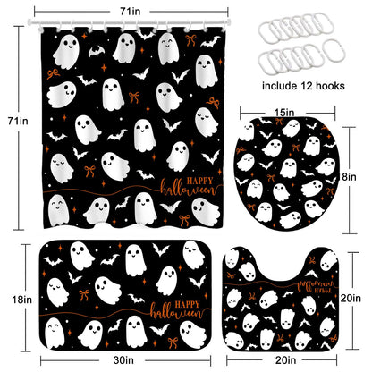 Mocsicka 4Pcs Halloween Shower Curtain Set Black Spooky Bow Ghost Shower Curtain Set for Halloween Bathroom Decor with Anti-Slip Waterproof Bathtub Bathroom Rugs Toilet Lid Cover
