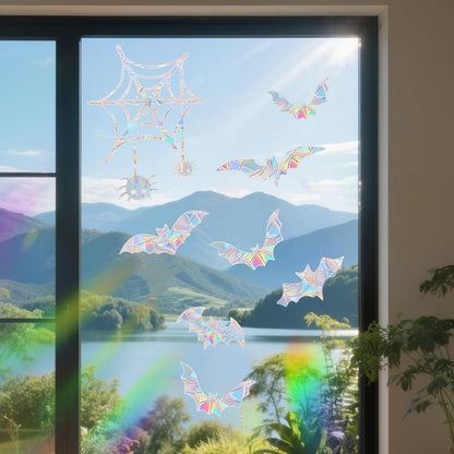36PCS Halloween Bats Decoration Spider Web Spider Window Clings Anti-Collision Decals to Save Birds, Non-Adhesive Prismatic Window Clings Rainbow Stickers