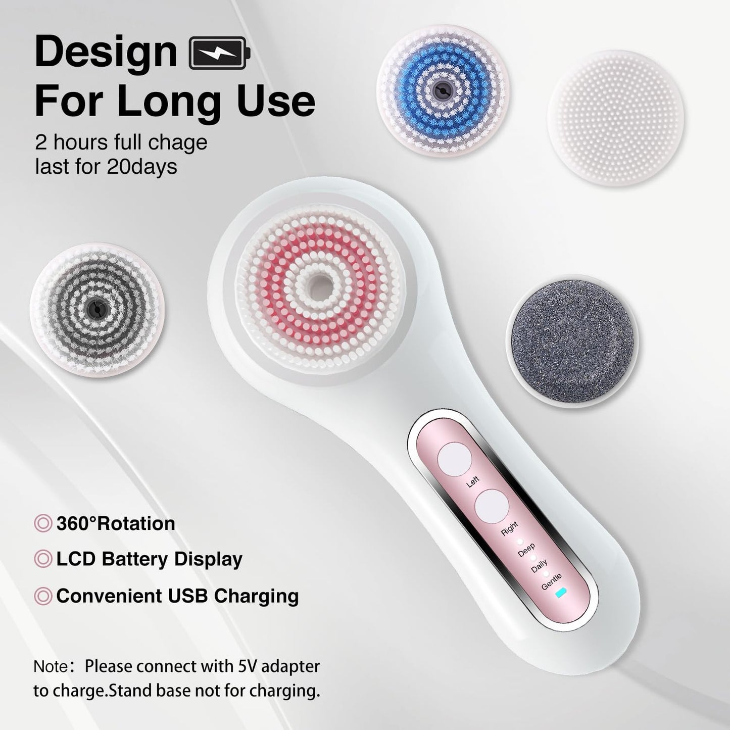 Face Scrubber Exfoliator,Facial Cleansing Brush Rechargeable IPX7 Waterproof with 5 Brush Heads,Electric Face Spin Brush for Exfoliating, Massaging and Deep Cleansing