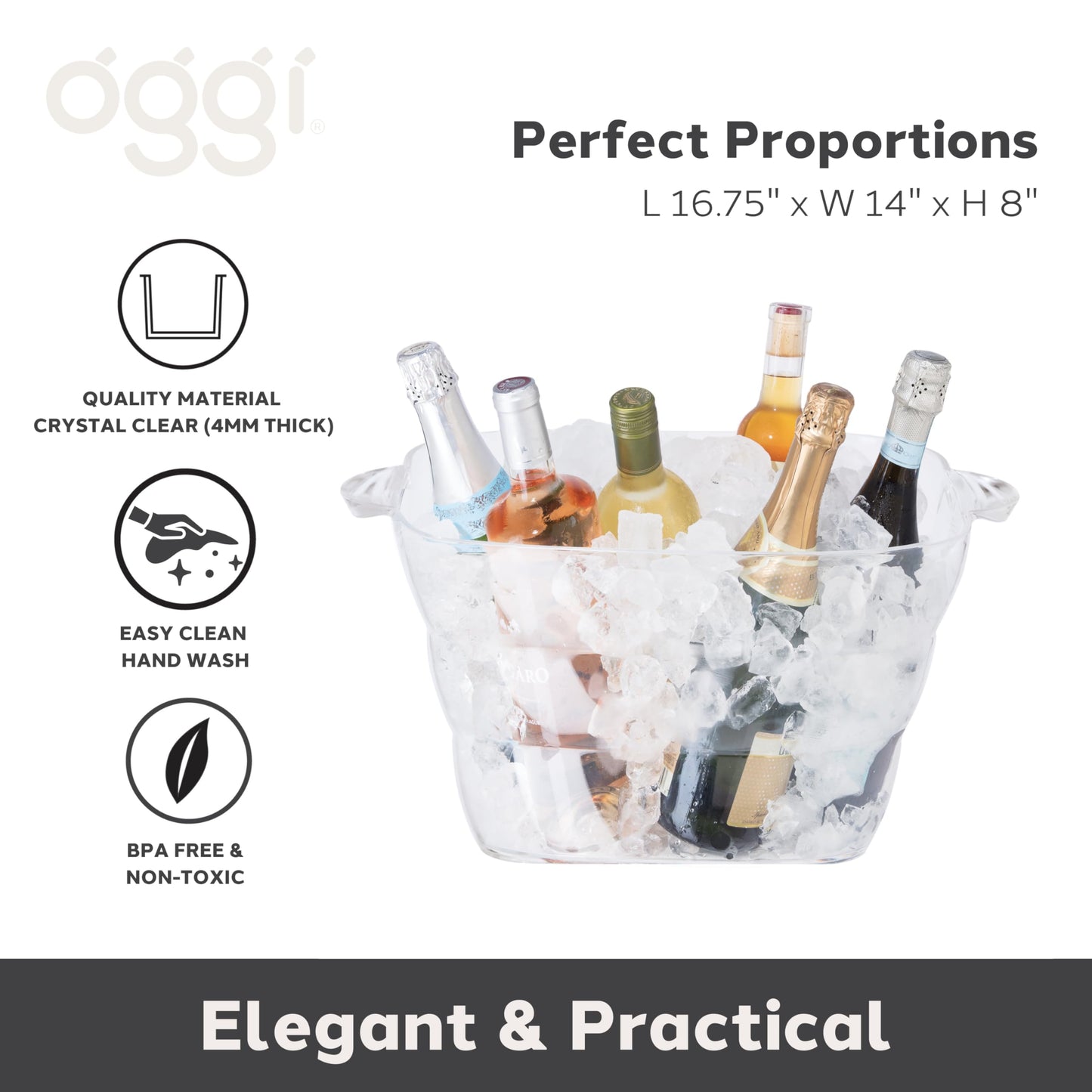 OGGI Acrylic Square Party Tub - Clear Beverage Cooler w/Handles, Wine Cooler, Beer Chiller, Ideal Party Tubs for Drinks, Use Ice Tub for Indoor or Outdoor Bars, 16.75" x 14"